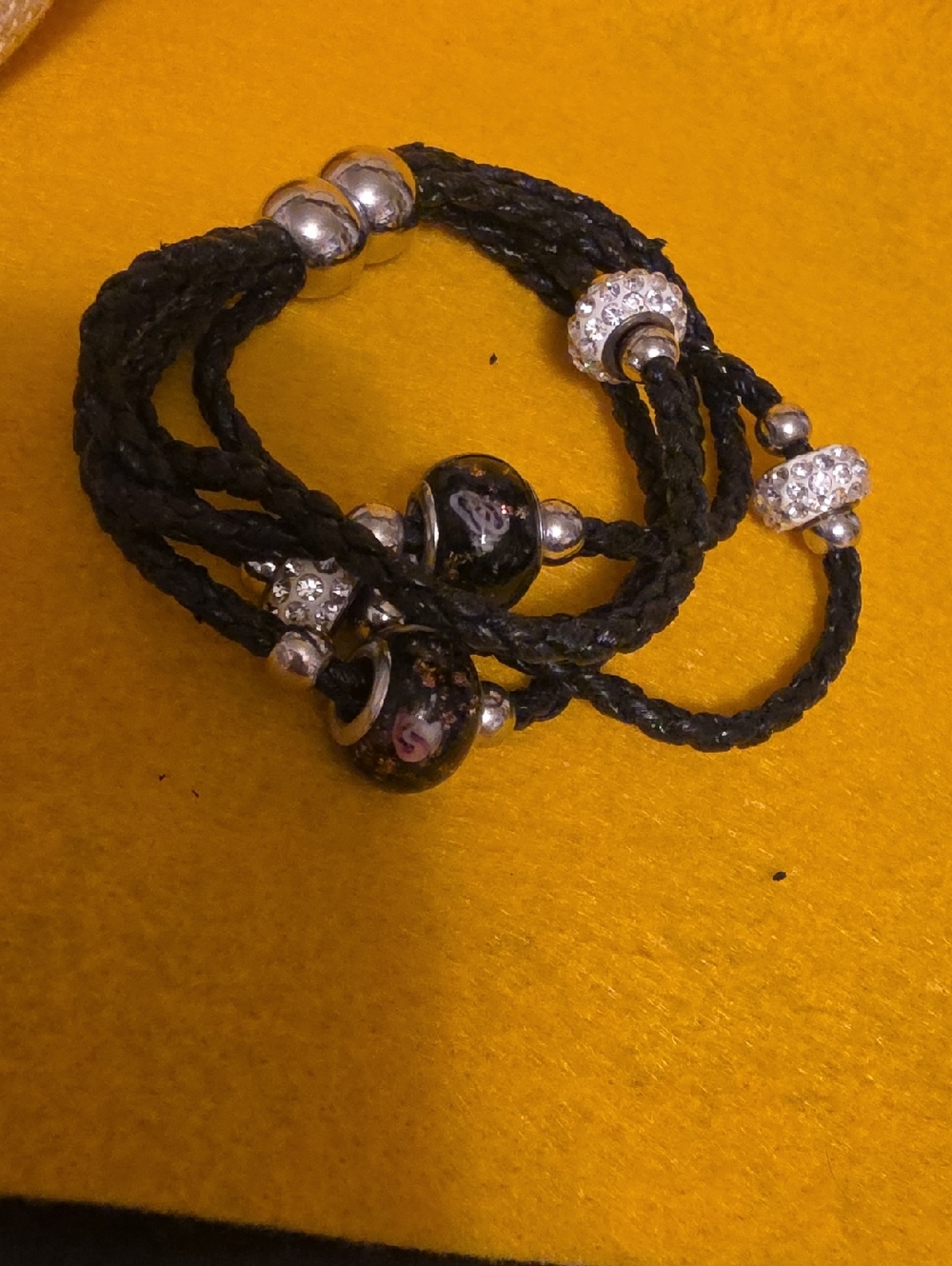 Black Braided Bead Bracelet with Silver Accents